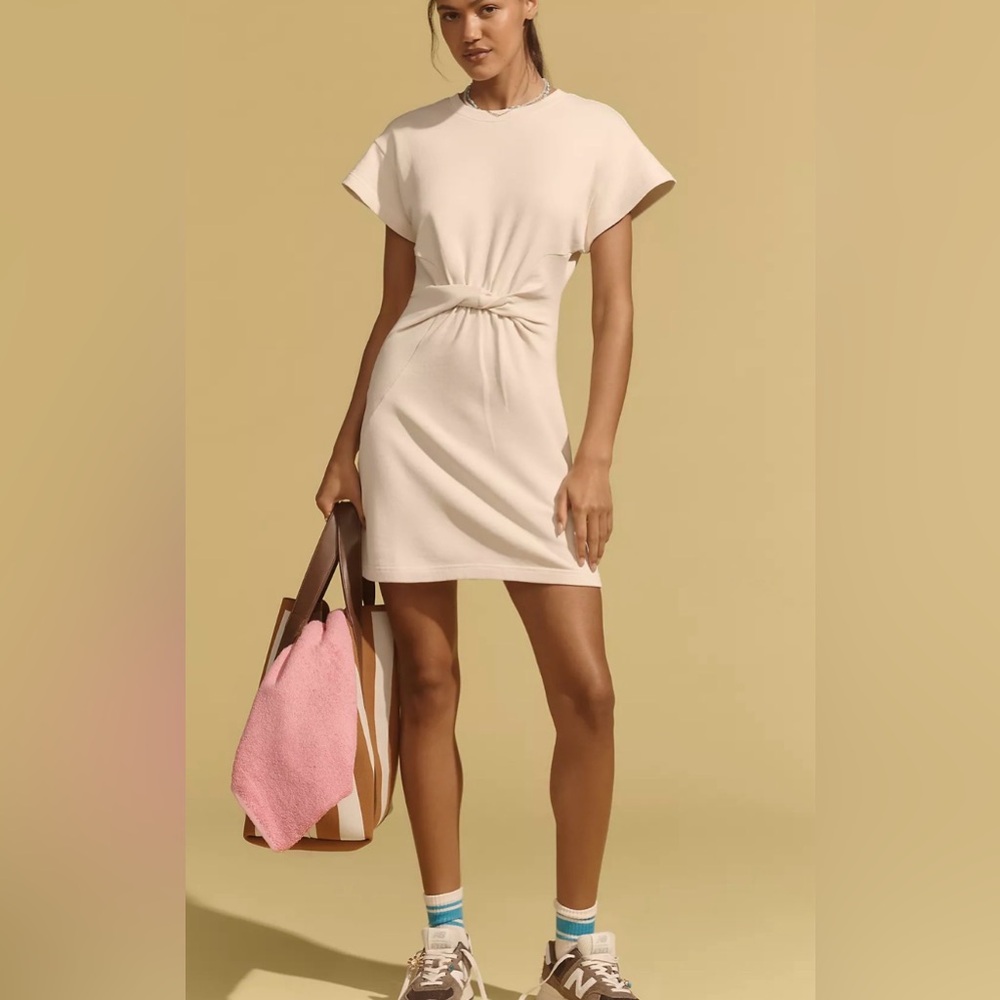LSPACE Short Sleeve Knit Mini Dress with Knot Detail Natural Small